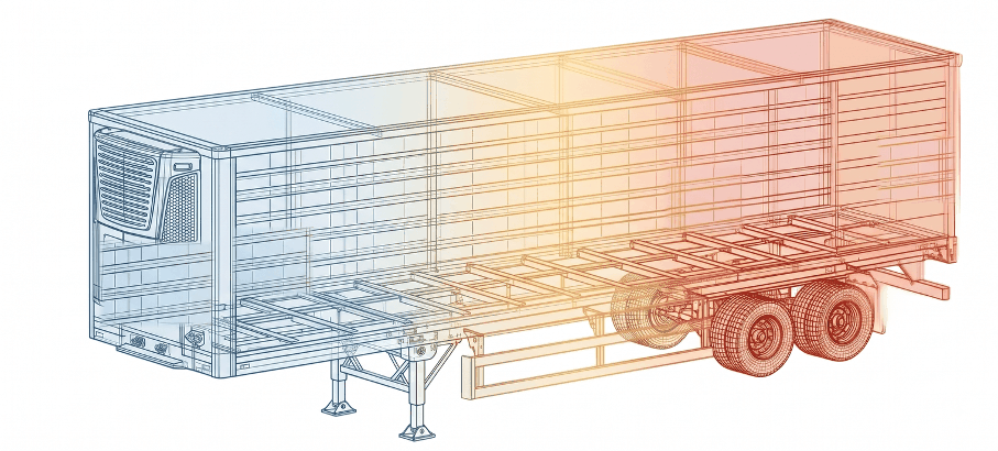 Reefer trailer shaded from cold at the front to warm at the rear, with the temperature of each zone